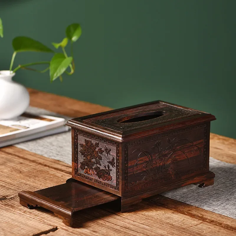 Luxury Red Rosewood Solid Wood Tissue Box Chinese Retro Style Creative Desktop Napkin Holder for Living Room Home Decor