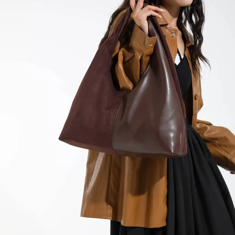 

2025 Early Autumn Patchwork Suede Tote Bag, Vintage Underarm Purse for Women, Casual Shoulder Tote, Fashion Crossbody Bag