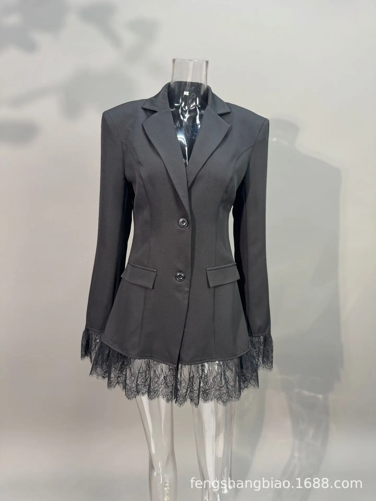 سترة نسائية HZXVic بجيوب على شكل طية صدر السترة وأزرار للعمل والمكتب سترة طويلة مع خياطة من الدانتيل في الحاشية