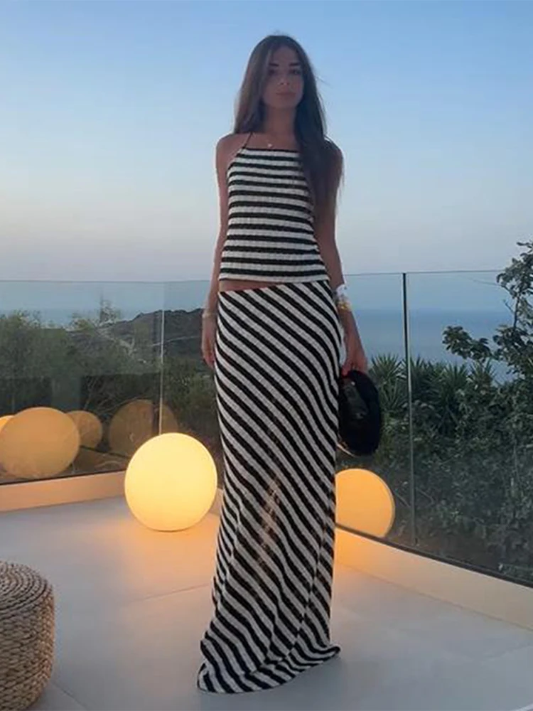 

Chic Stripe Women Skirts Sets Halter Backless Sleeveless Tank Top High Waist Long Skirts Suit Female Summer Lady Beach Outfits