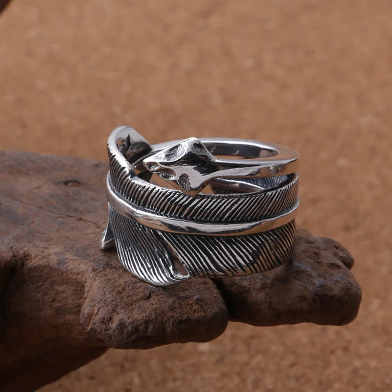 Wholesale S925 sterling silver retro Eagle series Thai silver light simple silver feather men's and women's personalized ring