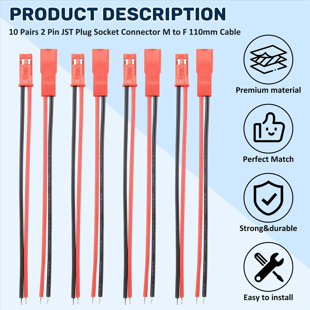 A10I 10 Pairs 2 Pin JST Plug Socket Connector M to F 110mm Cable Wire Red Black