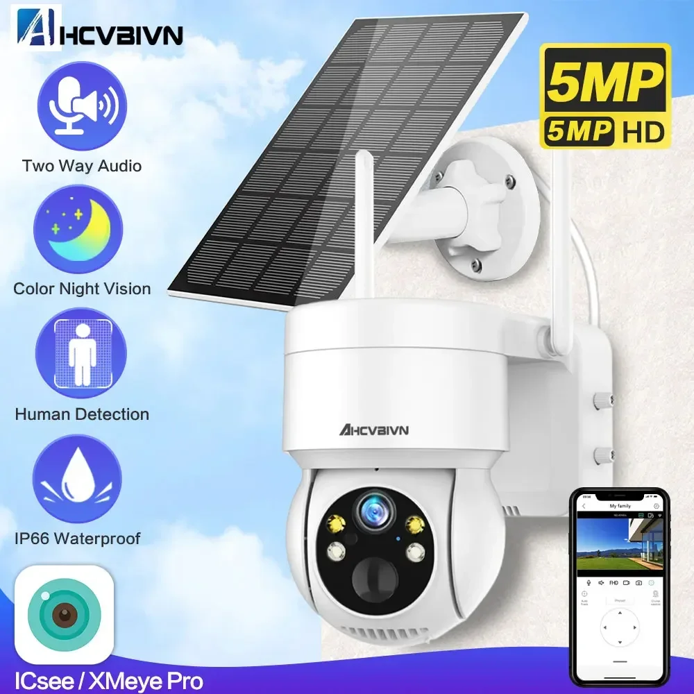 

5MP Wireless Solar Camera Outdoor Wifi PIR Human Detection 7800mAh Rechargeable Battery HD Wifi PTZ Security Camera iCSee APP