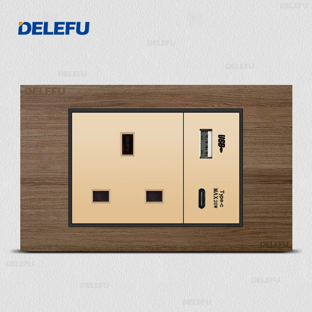 DELEFU Wall Switch Power Socket Switch USB-C Gold function key Imitation wood grain panel UK series