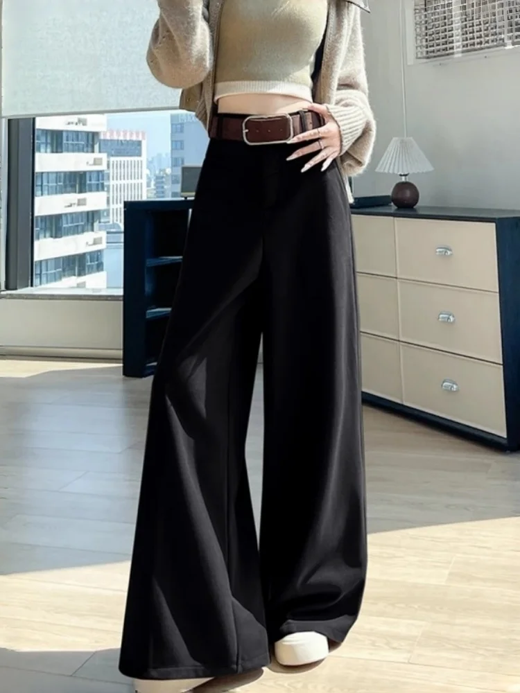 

Черные широкие брюки, женские осенне-зимние свободные утягивающие повседневные прямые брюки-трубы с высокой талией, корейские брюки для поездок на работу