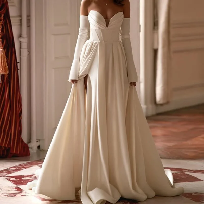 White Appliques Wedding Dresses of off-shoulder A-line decal Bridal Gowns Made Customized