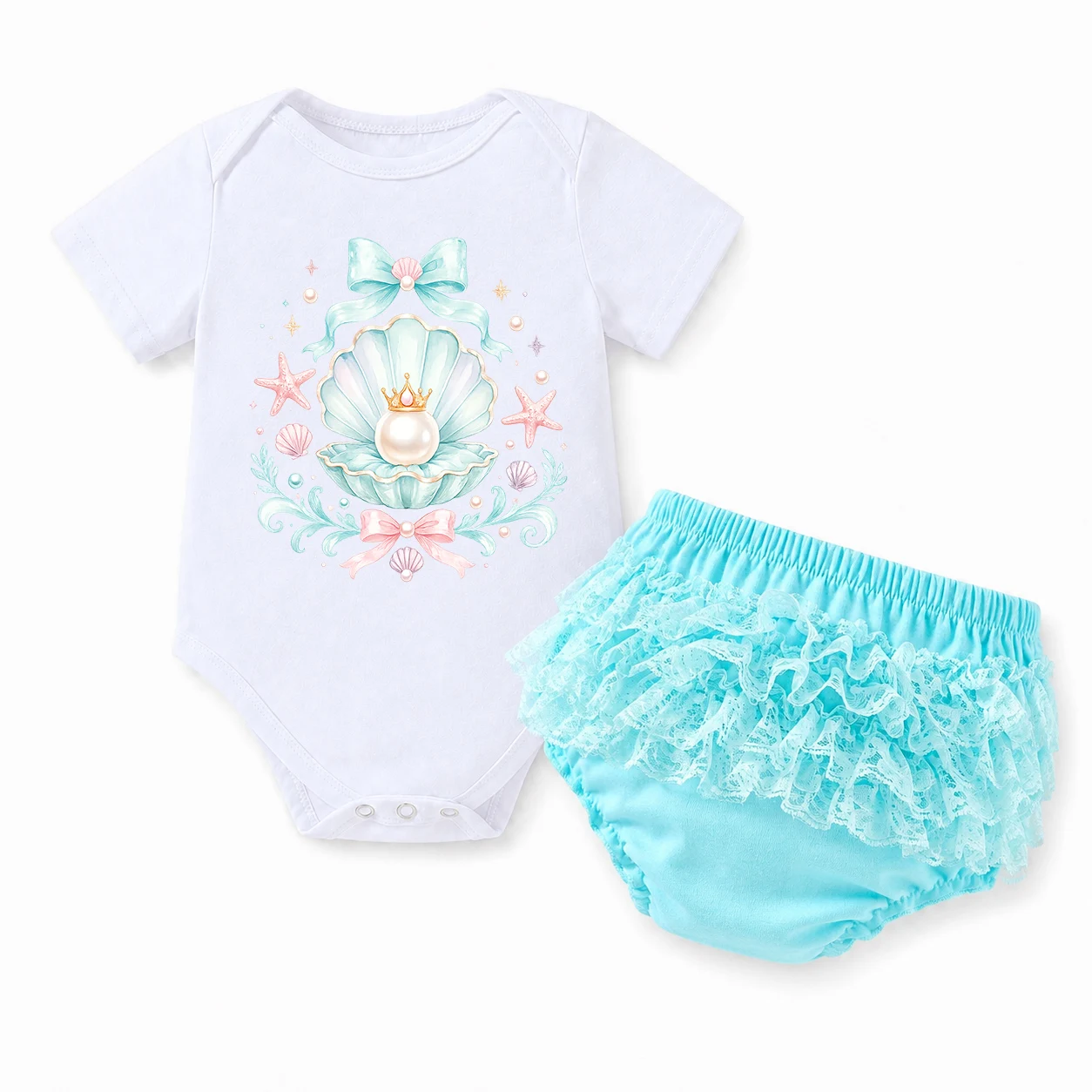 Baby Girl Mermaid Shell Pearl Crown 2Pcs Outfit Infant Short Sleeve Bodysuit Lace Tutu Bloomers Newborn 1st Birthday Party Photo