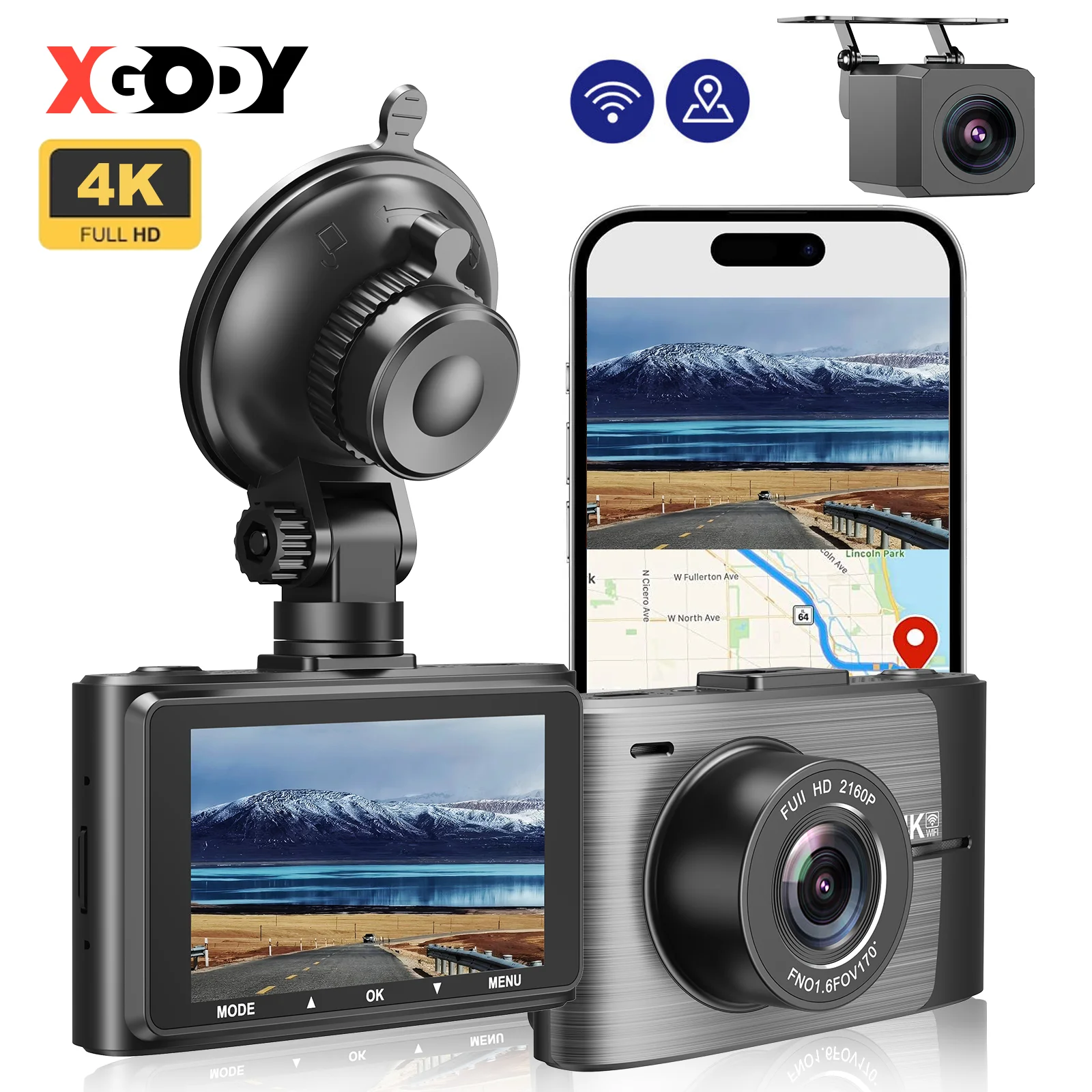 XGODY 4K 3-inch Dash Cam Dual Lens Front and Rear Car Driving Recorder WiFi GPS