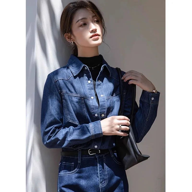 جديد قمصان الدنيم معطف للنساء الخريف الشتاء خمر الشارع الشهير العصرية جان سترة الكورية رفض طوق مكتب سيدة بلوزة