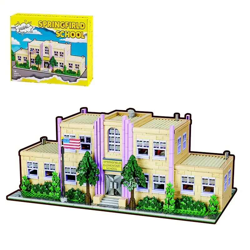 Barweer Kreatives Anime Springfield Grundschulgebäude Klemmbausteine Bausteine-Set 3500 Teile Straßenansicht Klassische Stadt Schule Modulares Architekturmodell Bausatz DIY Montage-Spielzeug Geschenk