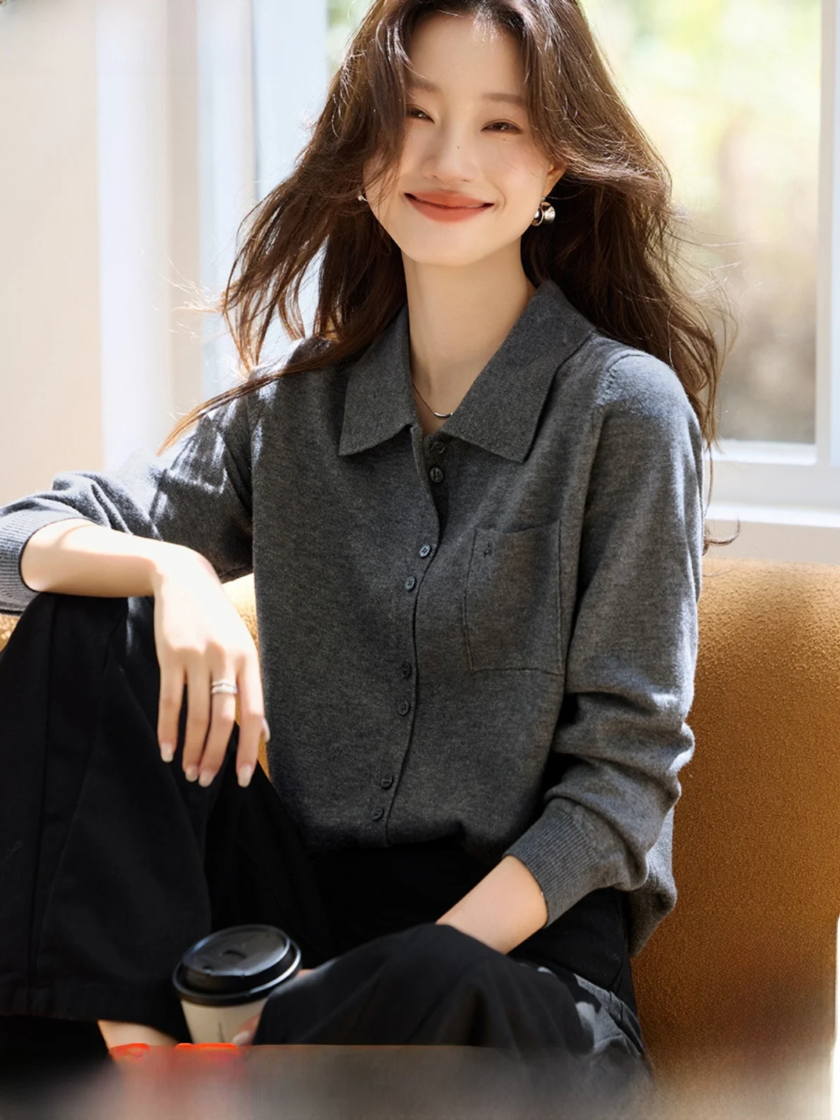 

Mo Han Mei вязаный воротник irt Soft Cozy Winter New Sle Commute Light Women's irt lectual Sle Long Sve