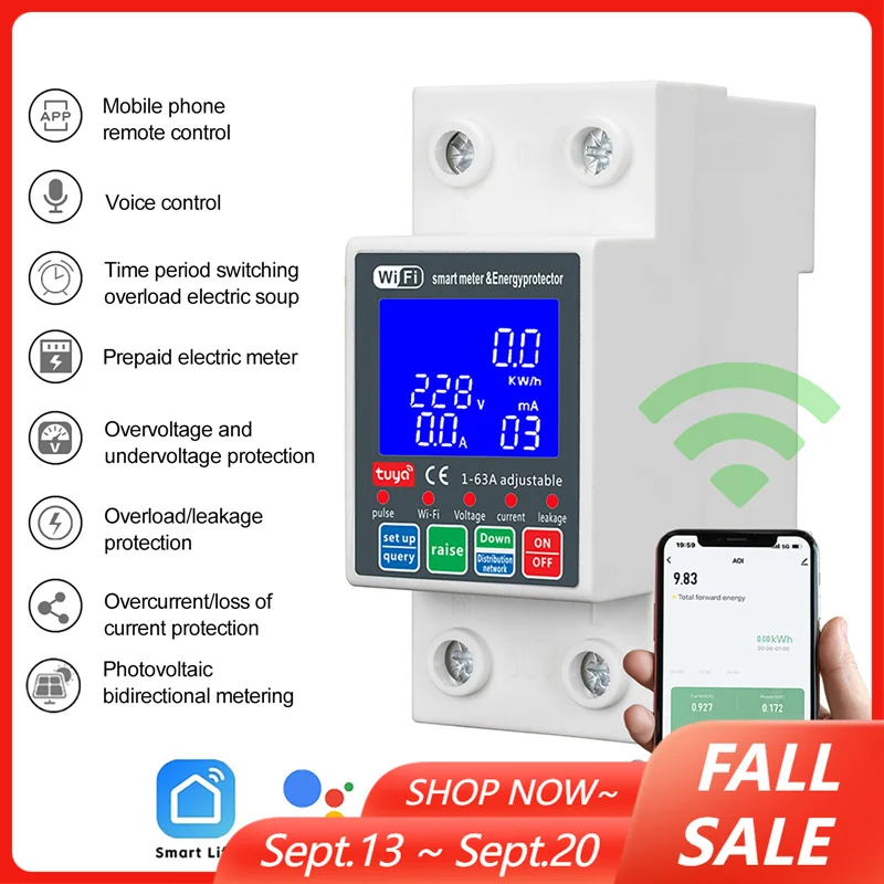 63A 230V WiFi Smart Circuit Breaker App & Voice Control Water Pump Motor Controller Earth Leakage Over Under Voltage Protector