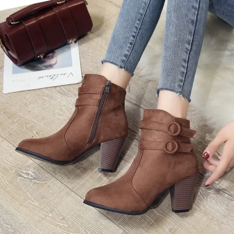 Retro snow Boots Women\'s Shoes 2024 New Square Heel Woman High heels Shoe Rubber Ankle Female Solid Platform Short Boots