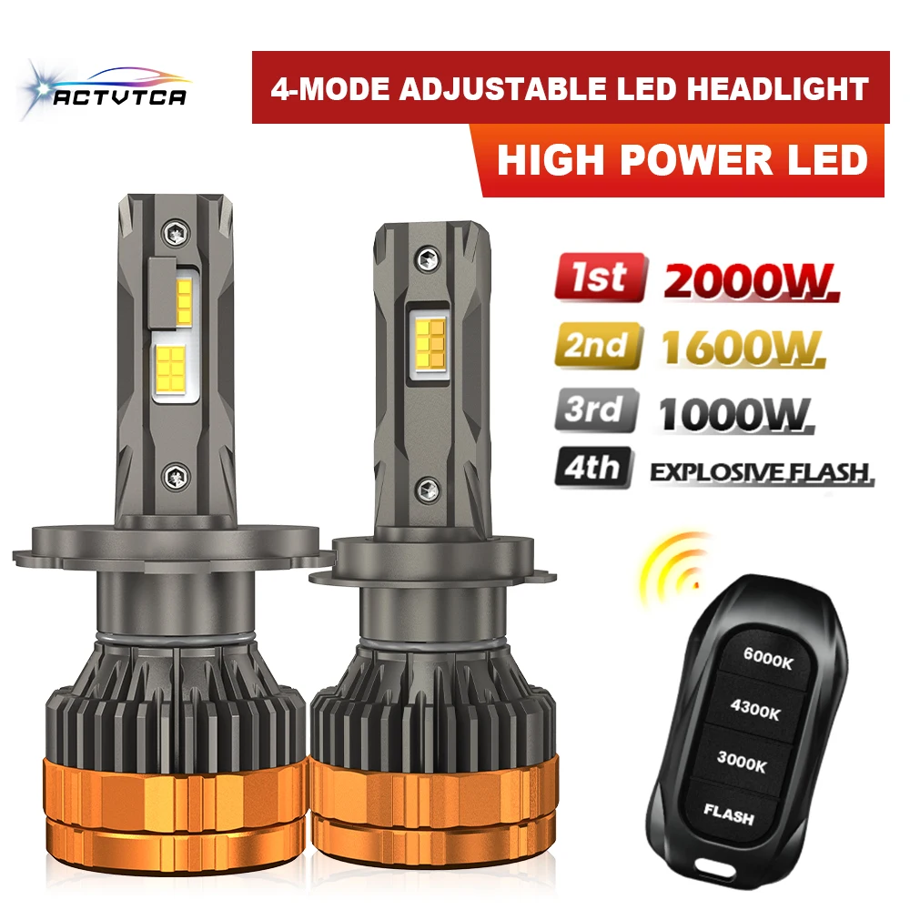 

2Pcs H4 LED Headlights 2000W H1 H7 H11 9005 HB3 9006 HB4 6500K 4300K 3000K Three Color Remote Control 4 modes Car Lights 12V 24V