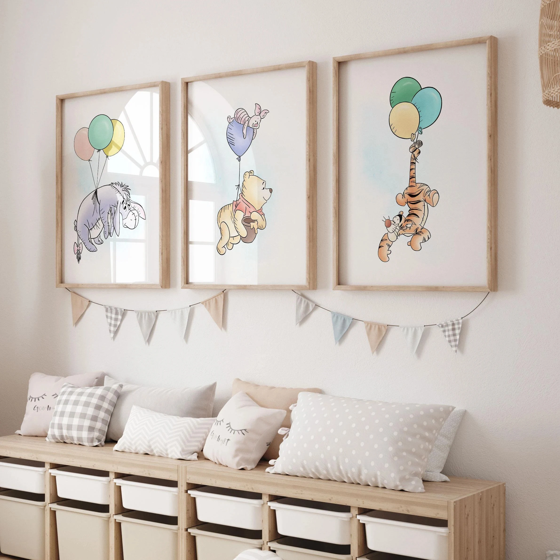 

Winnie the Pooh and friends flying with balloons wall art Disney Winnie the Pooh and friends canvas print poster Kids room decor