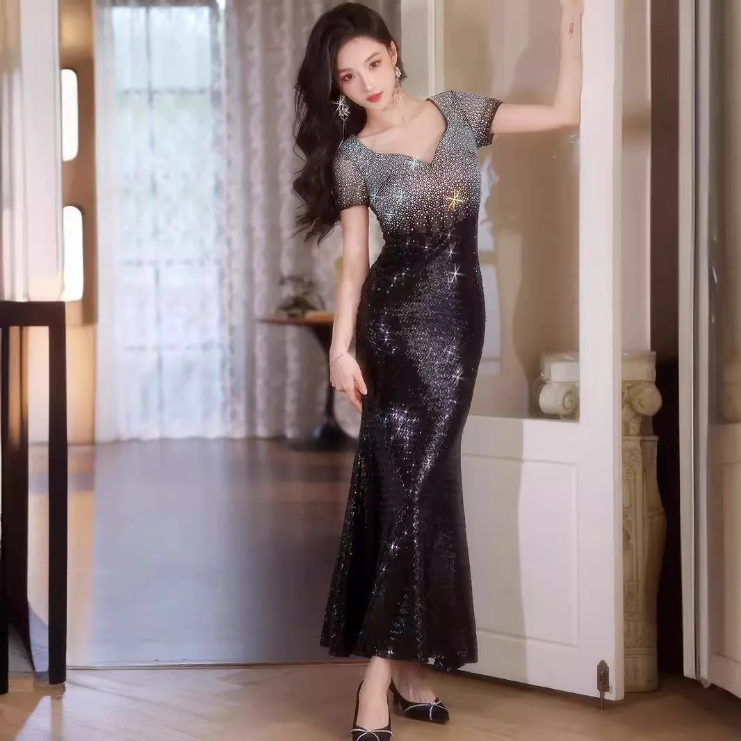 Black Ombre Sequin Mermaid Maxi Dress Sweetheart Short Sleeve Gradient Sparkle Bodycon Evening Gown Prom High Slit Prom Party