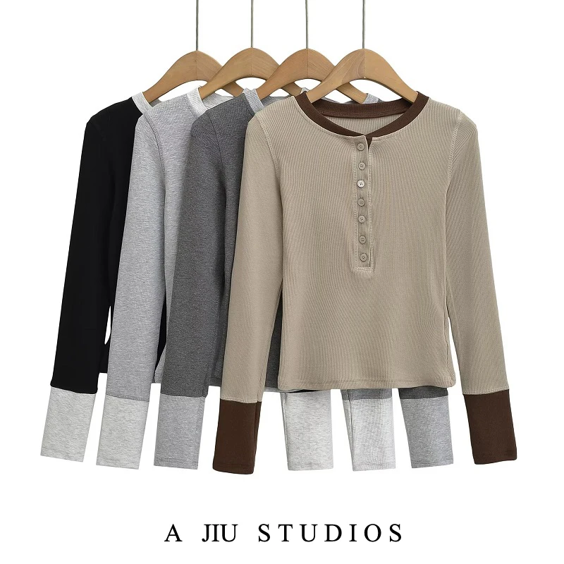

Retro American Sle Knitted Long Sve round Ne Base irt Women's Slim Fit Spring Autumn Inner Henry Collar Top