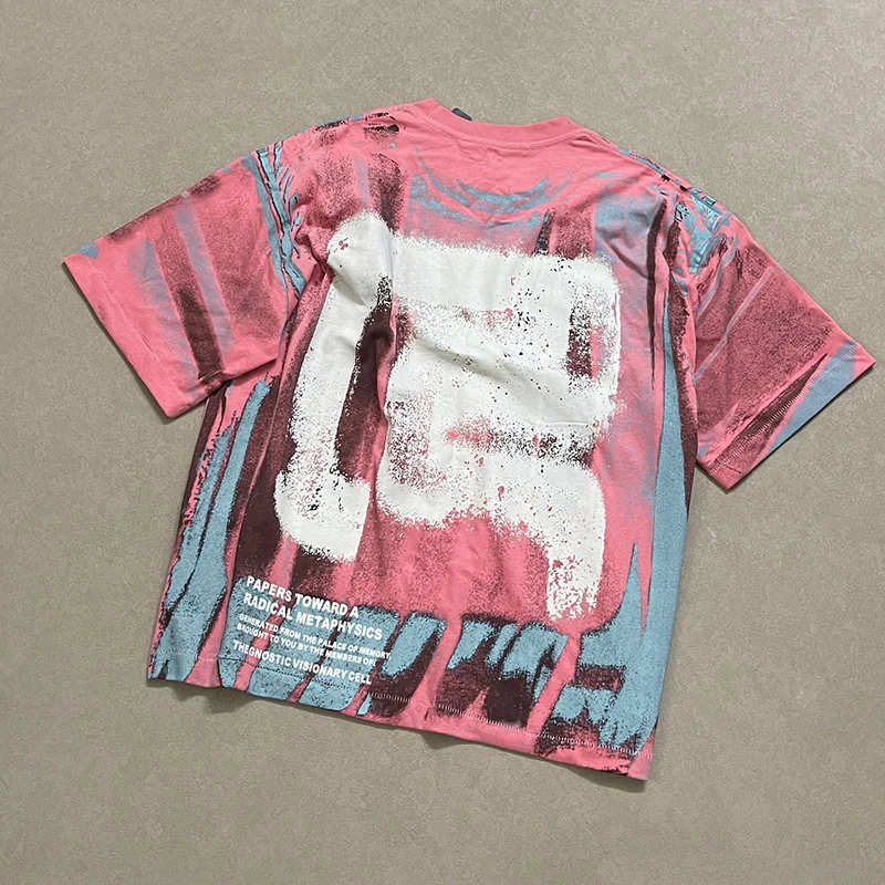 RRR123 Large Area Distressed Print Top Heavy Industrial Style Abstract Graffiti T-Shirt Men Women Loose Fit Short Sleeve