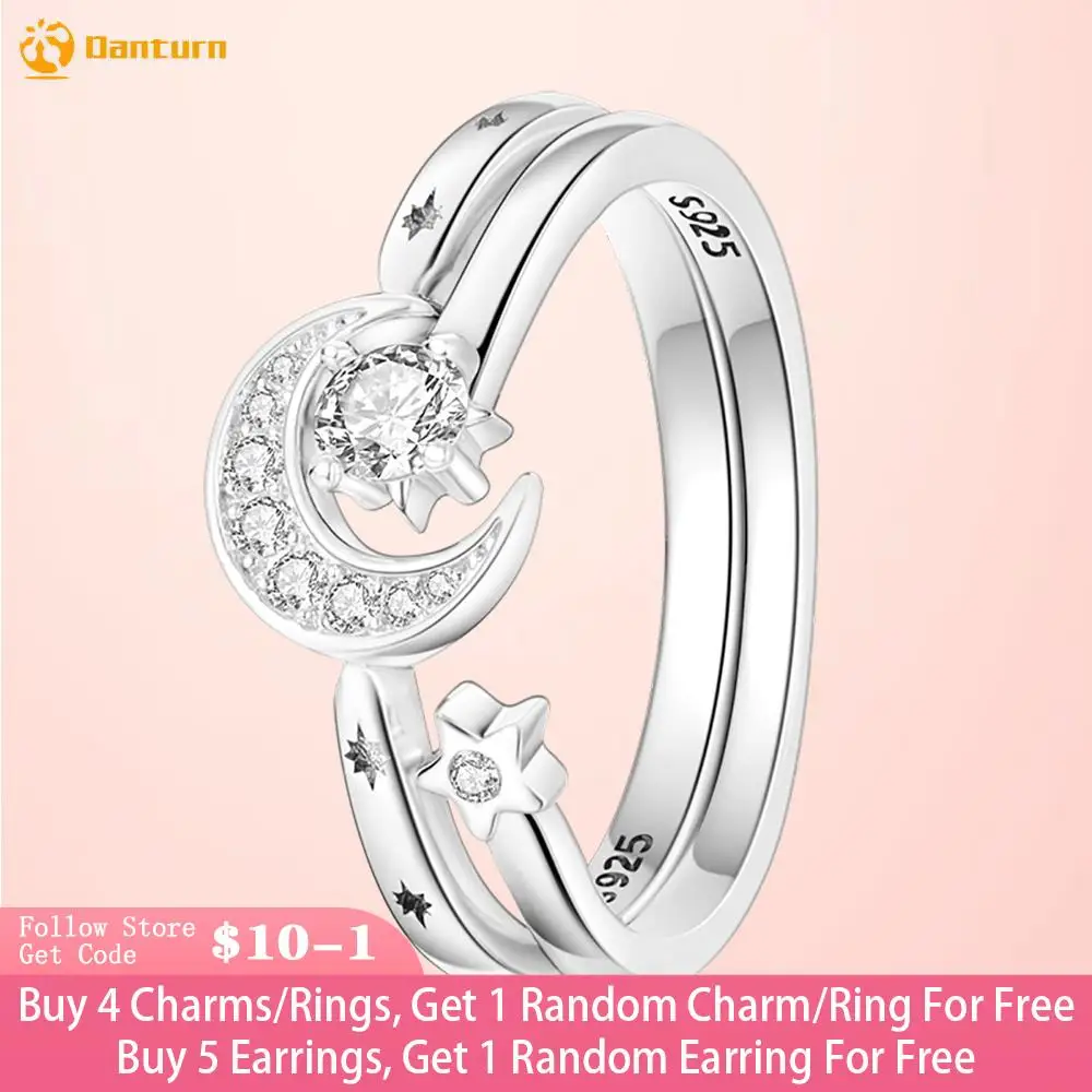 

Danturn 925 Sterling Silver Ring Double Star Moon Ring Women Rings Engagement Rings