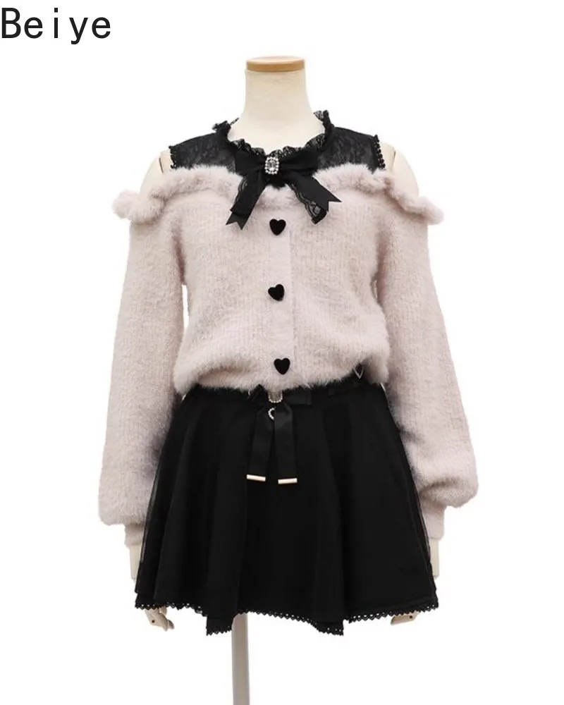 Sweet Lolita Fuzzy Knit Cardigan for Women Off Shoulder Ruffle Sweater Coats Female Long Sleeve Jirai Kei Knit Outer Coat