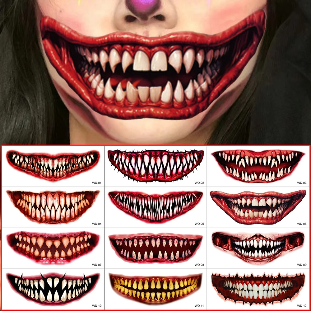 50pcs New Halloween Horror Big Mouth Face Tattoo Funny Diy Stickers Party Scary Temporary Tattoo Waterproof Tattoo for Men Women