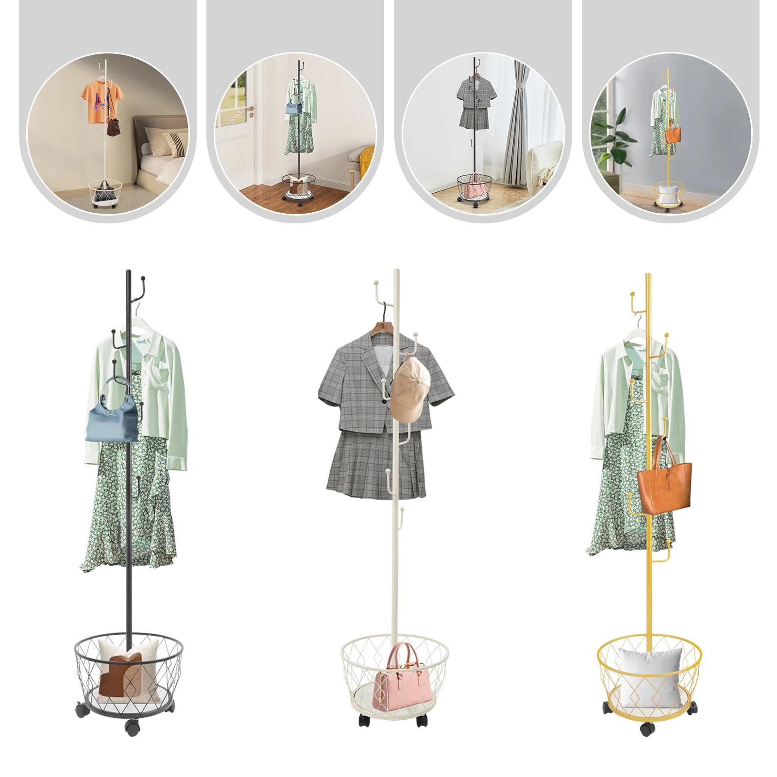 Coat Rack with Storage Basket and 6 Hooks Freestanding Coat Rack with Brake Wheels Hats Clothes Hanger Stand for Bedroom Office