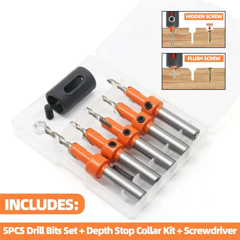 ABBP-Adjustable 8Mm Countersink Drill Bit Set(5PCS), Drill Bits Counter Sinker For Woodworking Projects