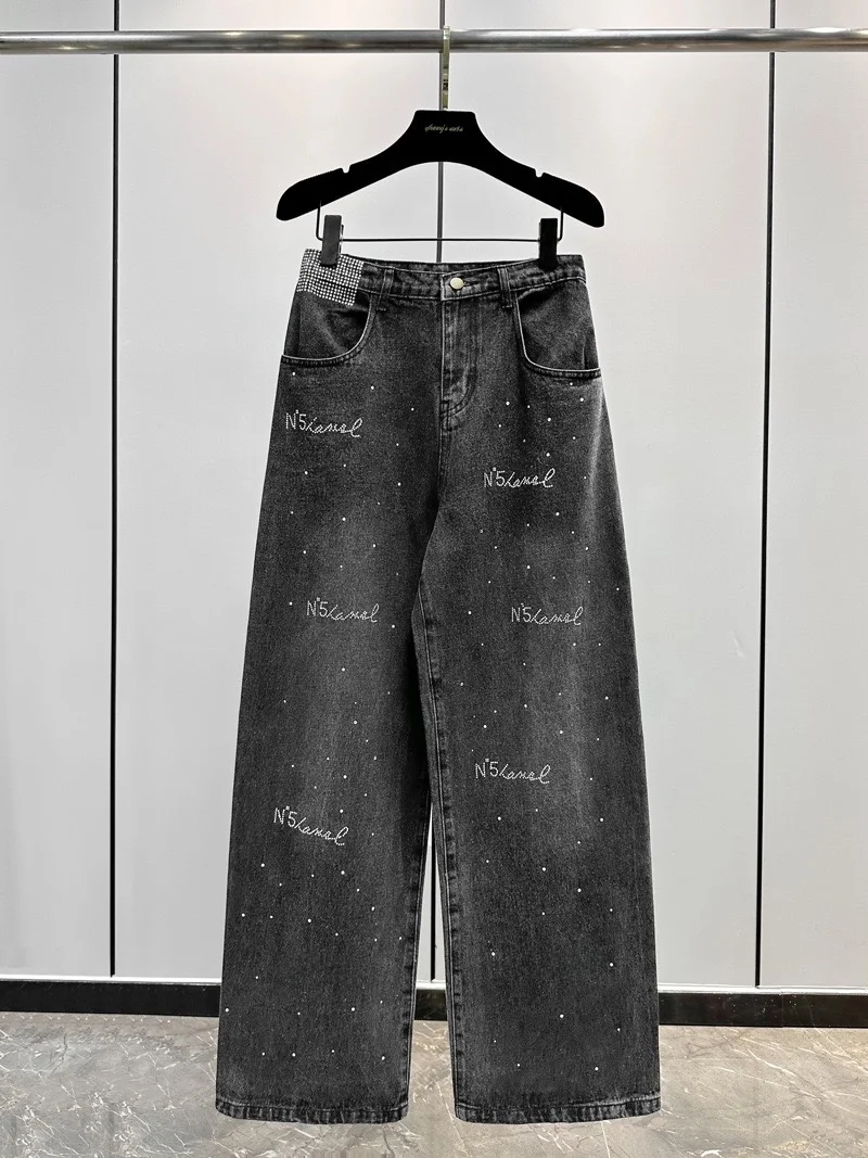 

Fall 2023 Women's Loose Fit Glitter Denim Wide Leg Pants High Waist Slimming Casual Trousers Letter Print Fashionable Jeans