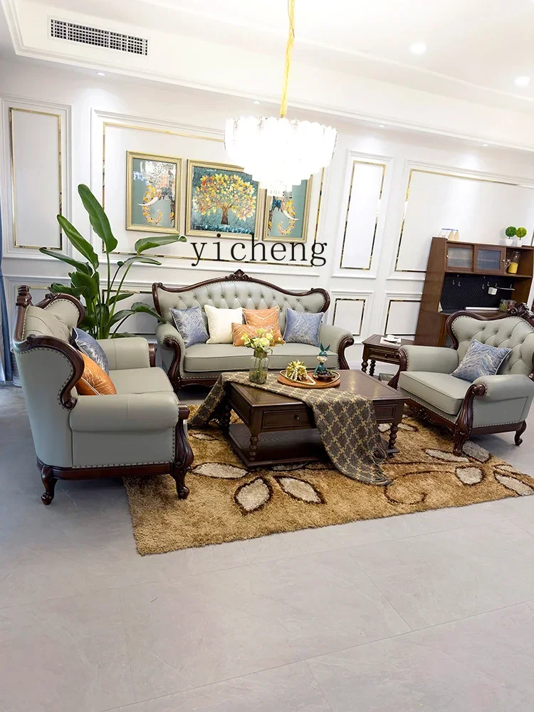 b11- all solid wood leather sofa combination villa retro leather sofa living room