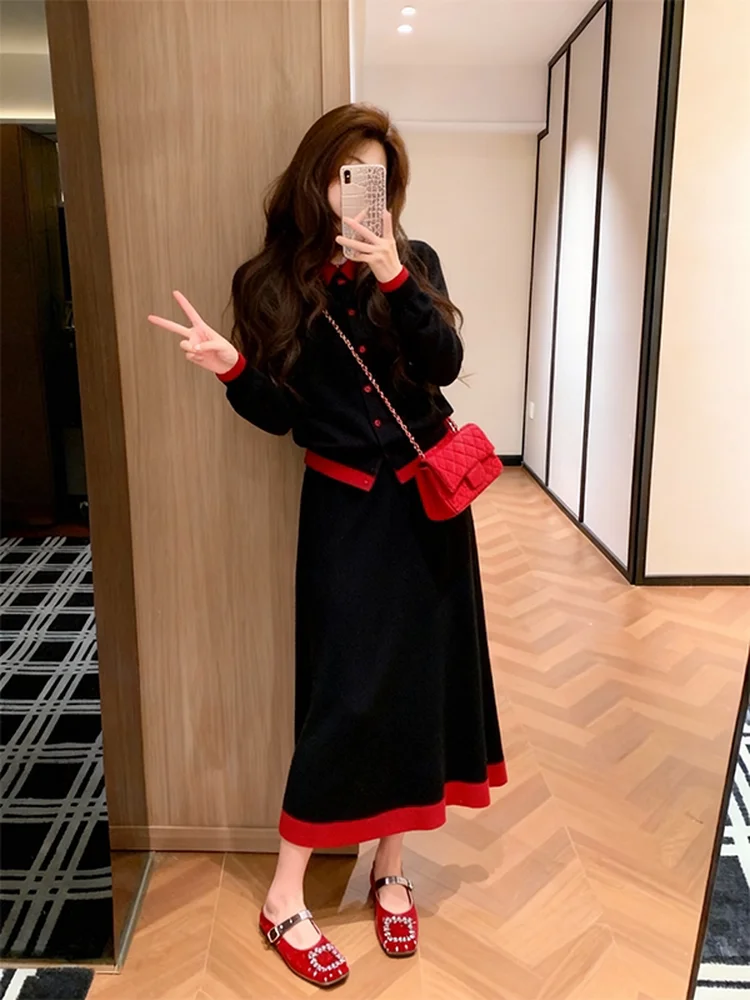 

Chic Korean Sle Autumn Faionable Ele Cold Lady Light Maturi Beautiful Set High Waist Long Skirt Long Sve