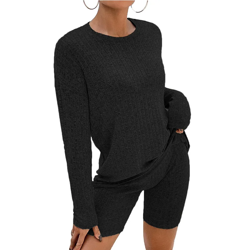 2023 Spring and Autumn Women's New Fashion Casual Commuter Set Round Neck Long Sleeve Top Shorts Comfortable Two Piece Set