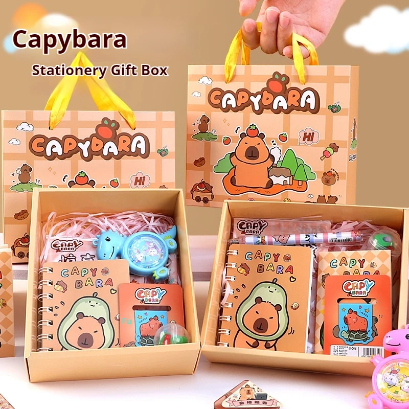 Caja de regalo de papelería creativa de capibara, 7 Uds., para estudiantes de guardería, juego de papelería de capibara, paquete de regalo sorpresa para volver a la escuela