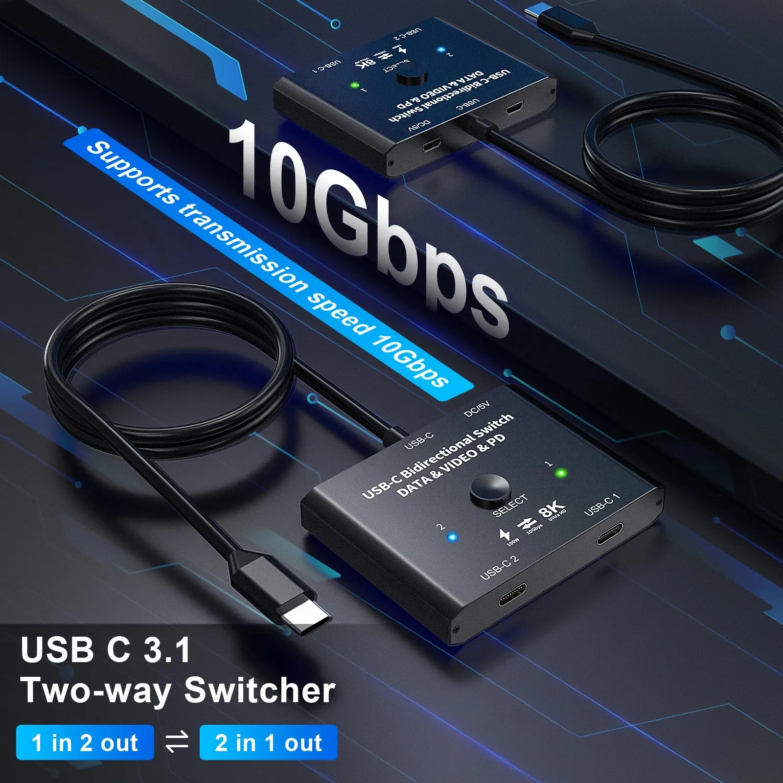 USB C Switch Splitter 8K Bi-Direction 1x2/2x1 Type C Data Video Switcher USB 3.1 PD 100W For Computer Multiple Source Displays