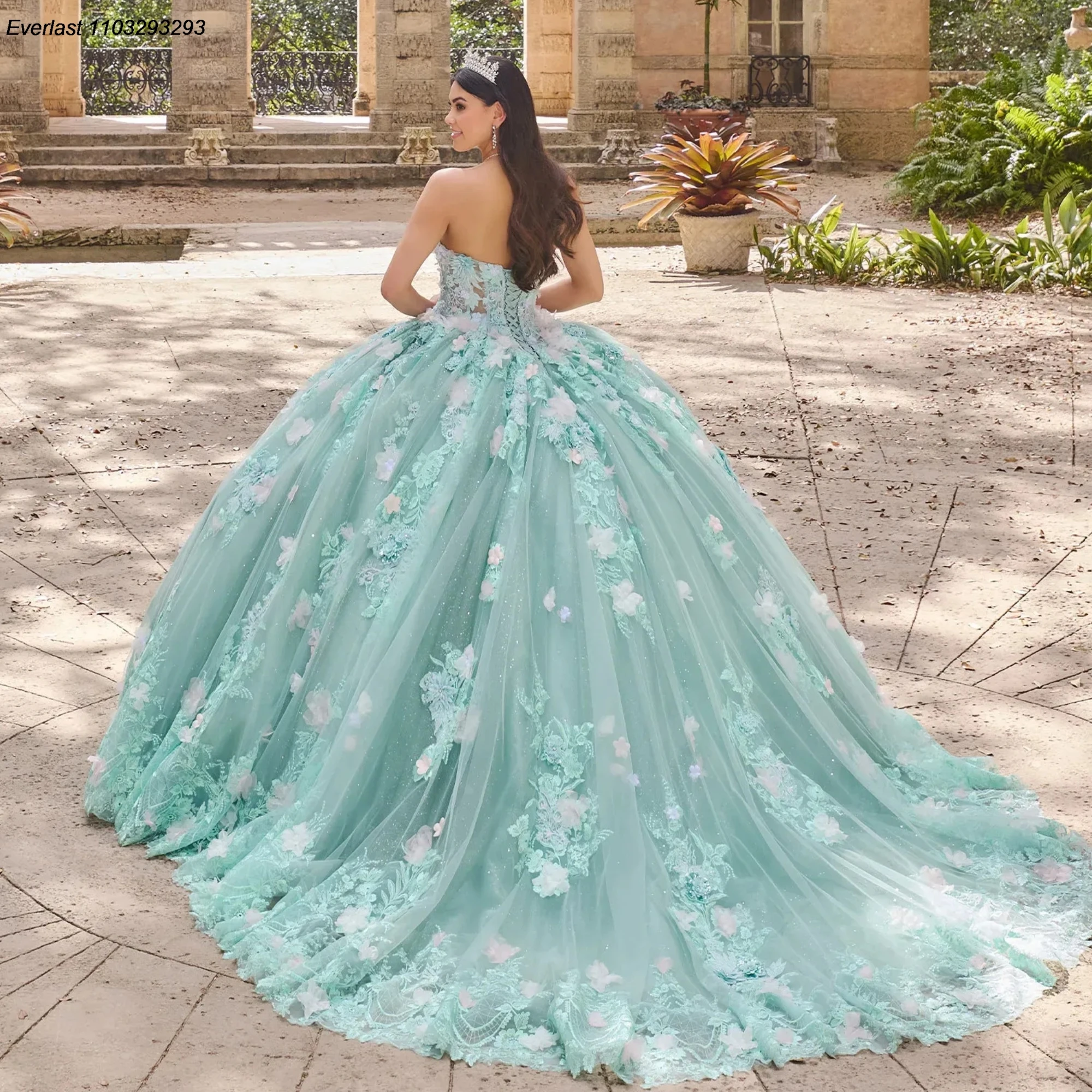 EVLAST Customized Mint Green Quinceanera Dress Ball Gown 3D Floral Applique Beading Corset Sweet 16 Vestido 15 De Años TQD278