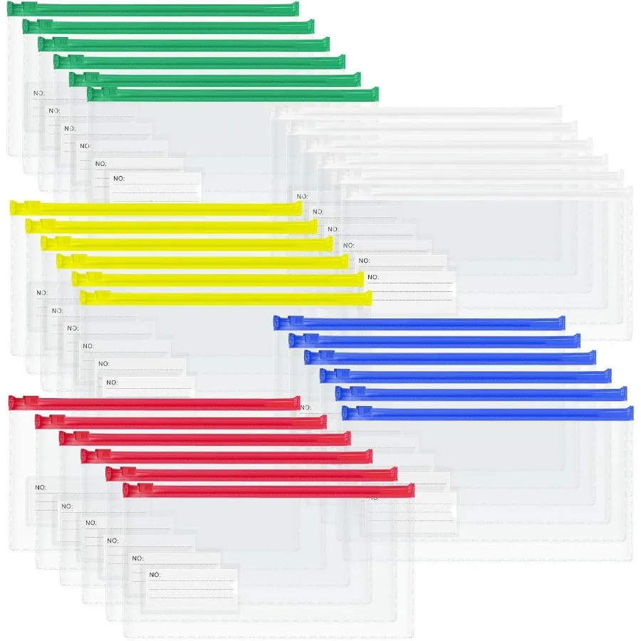 Buste in plastica con cerniera piccola Custodia in plastica da 30 pezzi con tasca per etichette 9x4,7 Ihes Buste trasparenti per soldi riutilizzabili Poly
