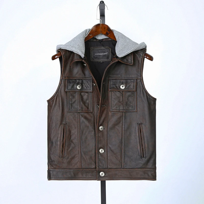 

Винтажный кожаный жилет для мужчин, верхняя одежда из натуральной кожи с капюшоном, короткий рукав, мотоциклетный стиль, городская повседневная кожаная куртка