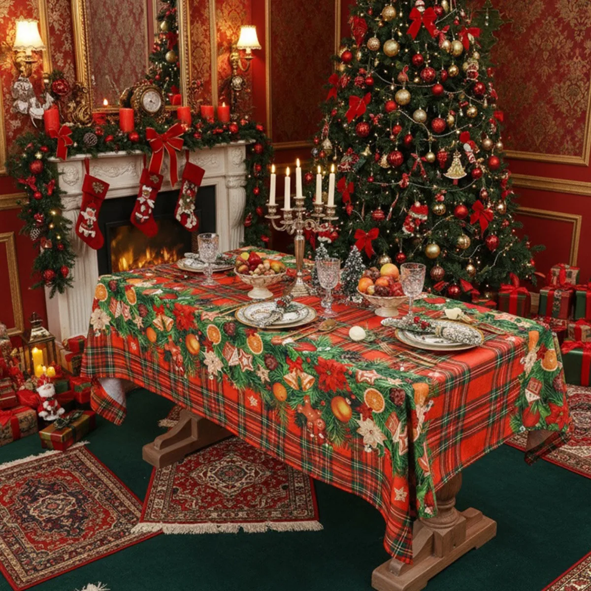Christmas Tablecloth Winter Holiday Plaid Printed Fabric Table Cloth Stain Release Table Cover for Xmas Dinner Party Decoration