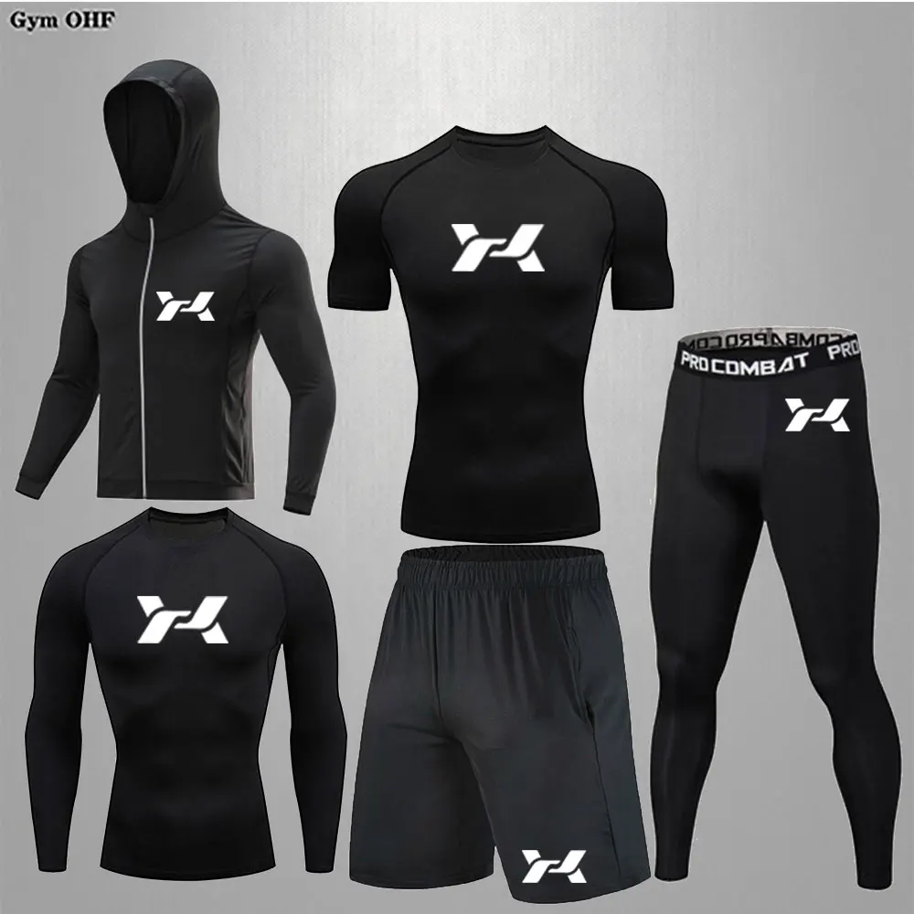 Compression Sets Men Gym Fitness Running Bodybuilding T Shirt Rashguard MMA Jiu Jitsu Sports Perspiration Track Suit Black Set