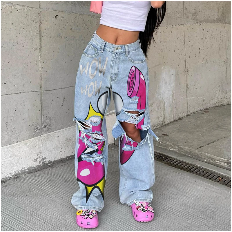 Women\'s jeans long high waist ripped printing thick edge European and American wide-leg pants trend Y2K personalized jeans