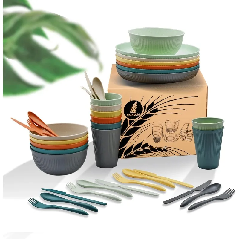 Wheat Straw Dinnerware Sets with Plates, Cups, Knives, Forks and Spoons Reusable Plates Dishwasher and Microwave