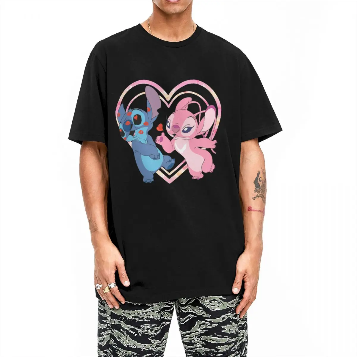 Stitch And Angel Kiss for Men Women T Shirts Lilo Stitch Aloha Angel Tee Shirt Short Sleeve T-Shirts Cotton 4XL 5XL Clothing