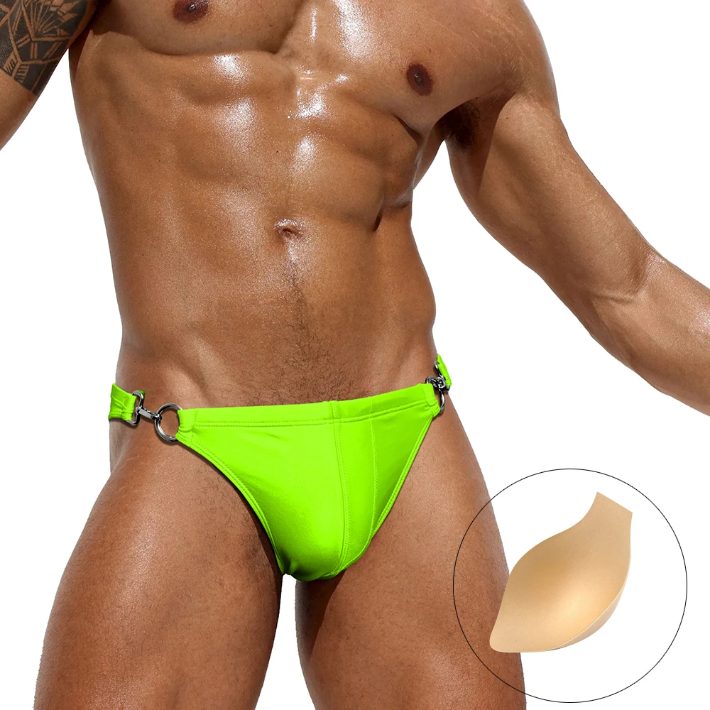 Metal Buckle Bikini Swimwear Mens Pad Push Up Swim Briefs Sexy Swimming Trunks Nylon Man Gay Bathing Suit Tanga Beach Shorts