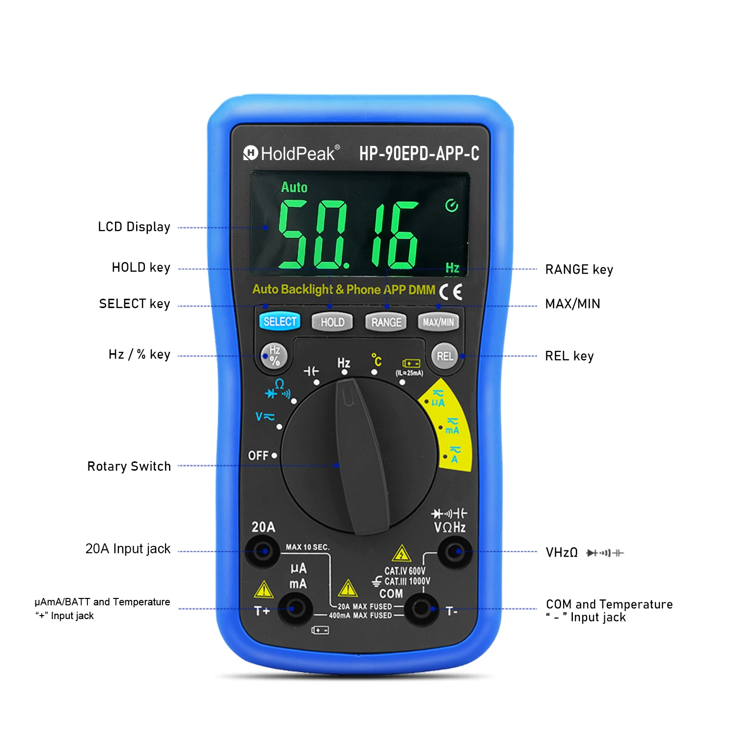 HoldPeak Smart Digital Multimeter,6000 Counts TRMS Meter ACV DCV 0-1000V Resistance Capa Frequency Test,Data Hold,