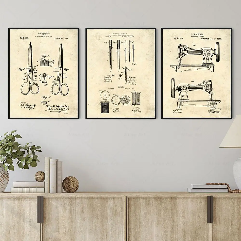 Vintage Sewing Machine Patent Poster Canvas Painting Dressmaker Blueprint Wall Print Picture for Living Room Interior Home Decor