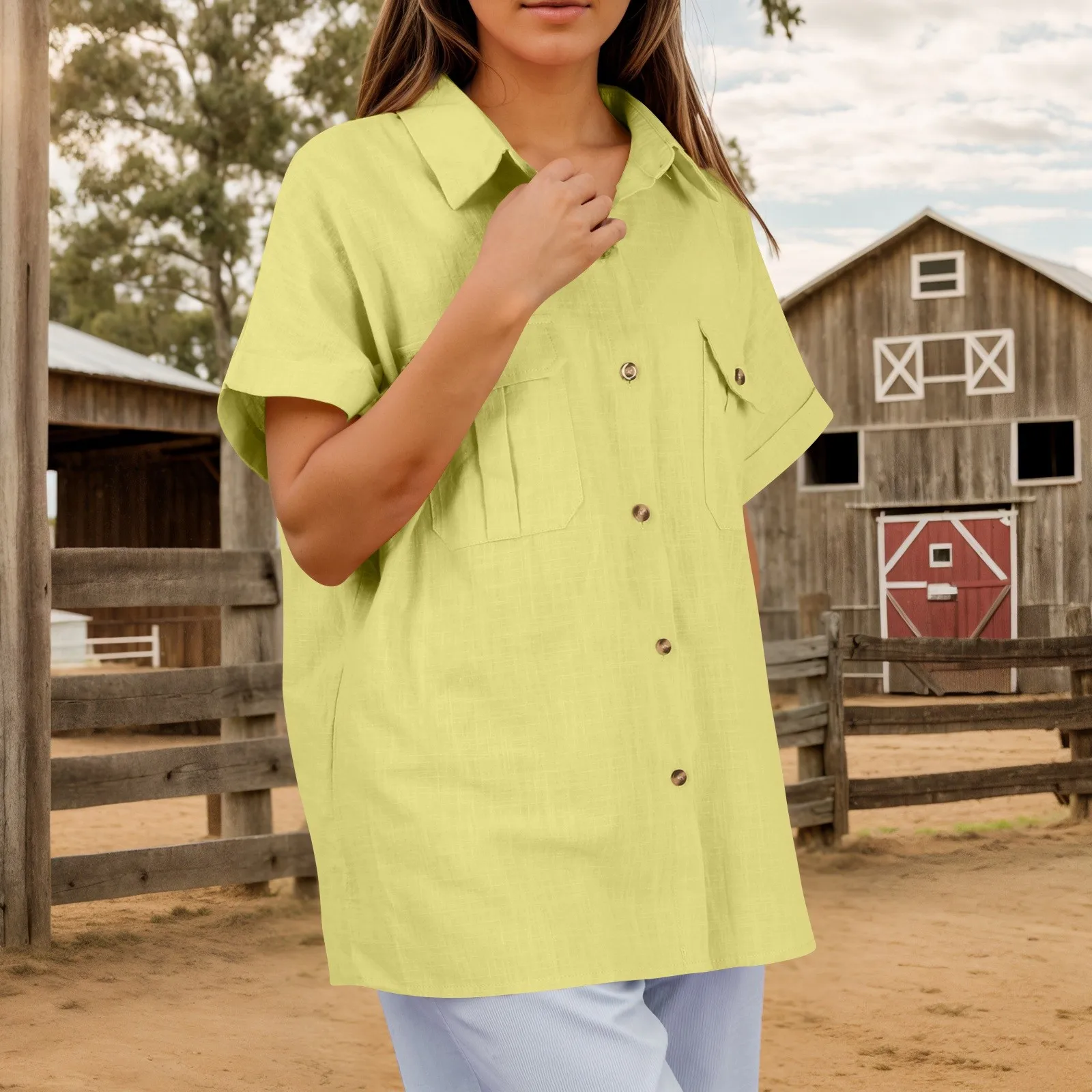 

Women's Casual Double Pocket Slit Short Sleeved Cotton And Linen Shirt Fashion Solid Color Loose Commute Short Sleeved Top