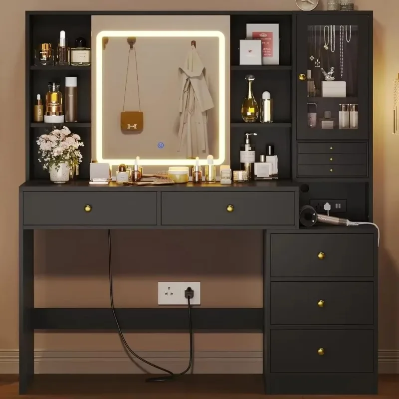5-Drawer Dressing Vanity Table, Makeup Desk with Sliding Lighted Mirror & Jewelry Storage Organizer