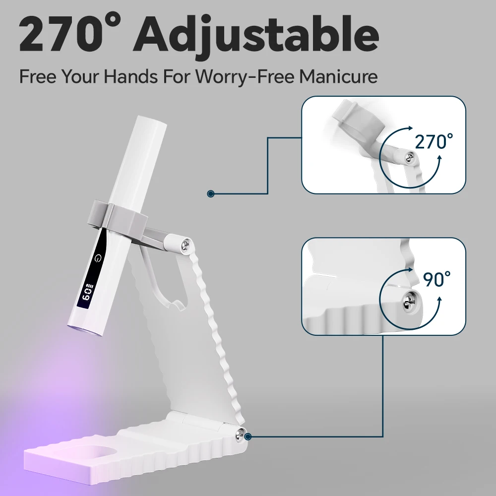 ضوء الأشعة فوق البنفسجية لأظافر الجل - مؤقت، حامل ومؤشر قابل للتعديل، مصباح أظافر LED صغير محمول باليد، مجفف أظافر قابل لإعادة الشحن لفن الأظافر