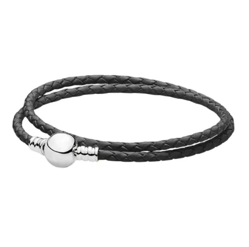 LongXin Double Loop Braided Leather Bracelets 925 Silver Buckle Fit Original Beads Charms Jewelry