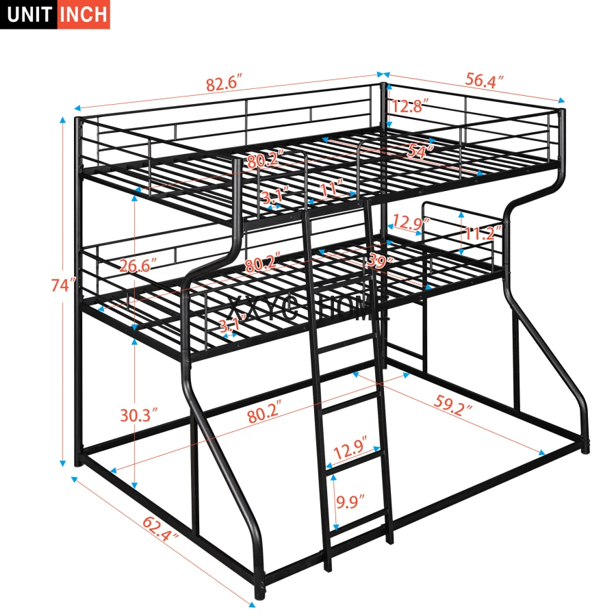 Full XL over Twin XL over Queen Size bed,Triple Bunk Bed with Safety guardrail,Long and Short Ladder,Unique curved metal frame