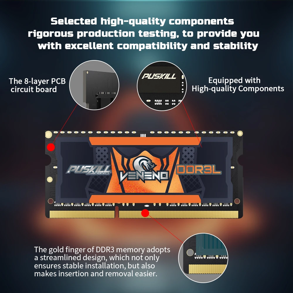 PUSKILL-Memória RAM do portátil, DDR3L, 8GB, 1600MHz, 2x8GB, 1.35V, 204pin, Sodimm para o caderno